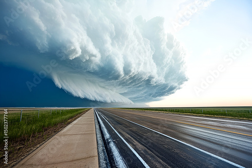 Dramatic storm cloud formation over rural roadway evokes powerful atmospheric weather events and natural phenomena