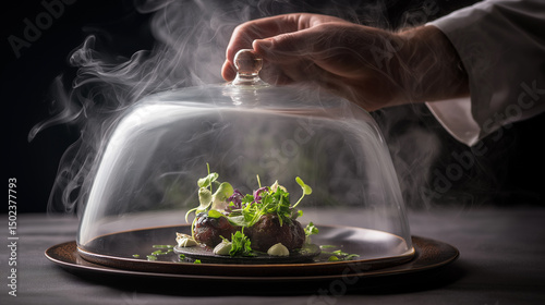 Chef unveiling a gourmet dish under a glass cloche with aromatic steam rising.  
 photo