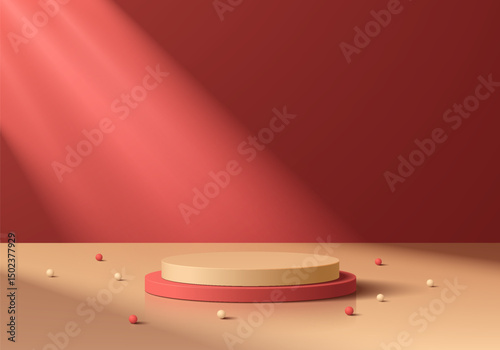 3D orange round podium background with natural lighting, shadow on wall. Abstract composition minimalist design. Studio display showroom cosmetic product pedestal, Fashion stage showcase mockup scene.