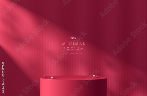 3D dark red pink round podium background with natural lighting on wall. Abstract composition minimalist design. Studio display showroom cosmetic product pedestal, Fashion stage showcase mockup scene.
