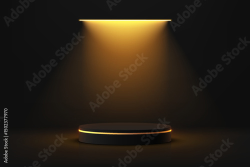 3D black round podium background with golden ceiling neon lighting. Abstract composition minimalist design. 3D Studio display showroom cosmetic product pedestal, Fashion stage showcase mockup scene.