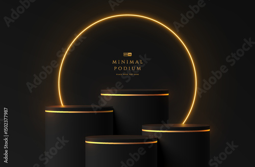 3D background with set of realistic black cylinder product podium with golden ring neon lighting. Abstract composition in minimal design. Platforms mockup product display presentation. Stage showcase.