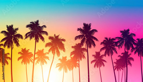 Tropical palm tree silhouette with vibrant colorful sunset sky background creating warm and relaxing atmosphere in nature