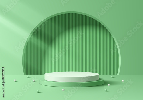 3D green round podium background with semi-circle window in room. Abstract composition minimalist design. 3D studio display showroom cosmetic product pedestal, Fashion stage showcases mockup scene.