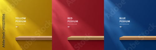 Set of 3D wooden shelfs podium background on red, blue and yellow wall. Abstract composition in minimalist design. 3D studio display showroom product pedestal, Fashion stage showcases mockup scene.