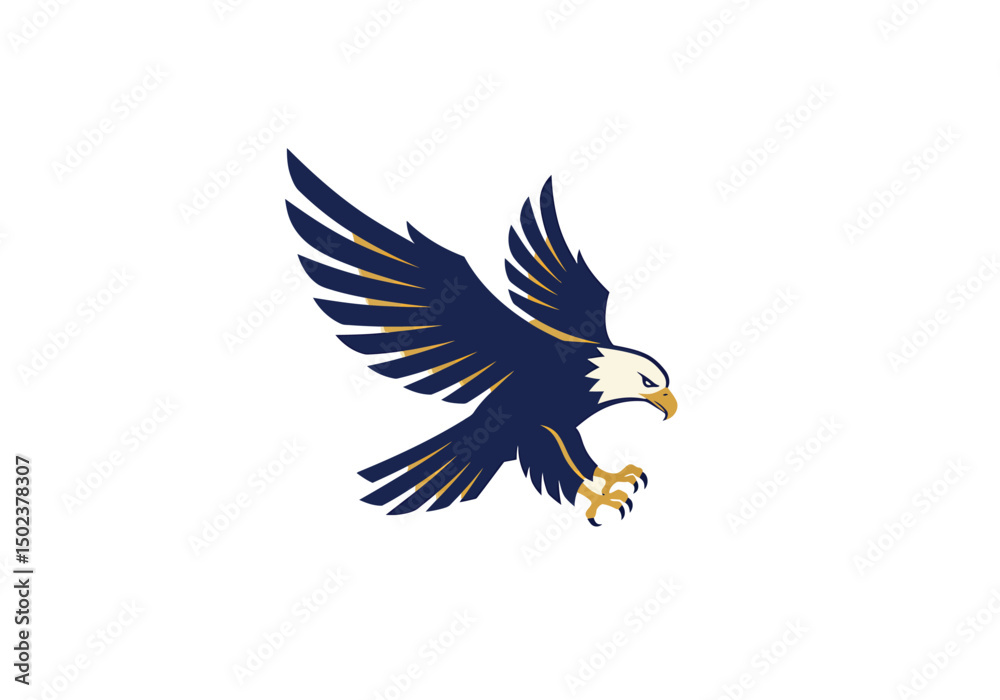 Obraz premium Eagle in flight logo, sharp wings and bold lines, flat vector style, navy blue and gold colours.