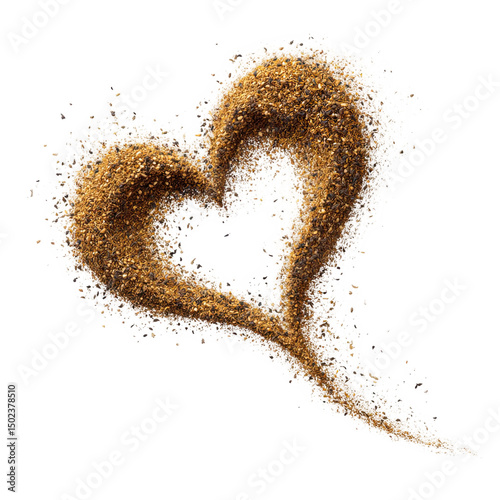 Heart shape formed from brown and white granular material against a black background isolated shot