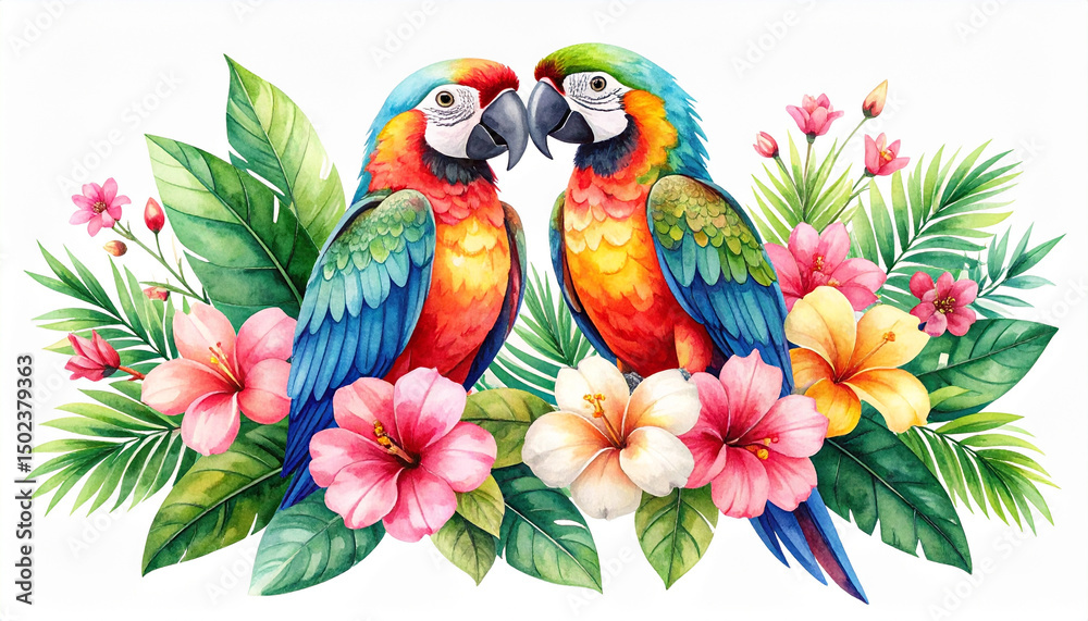Fototapeta premium Two colorful parrots surrounded by tropical flowers and green leaves create vibrant and lively composition full of natural beauty and bright colors