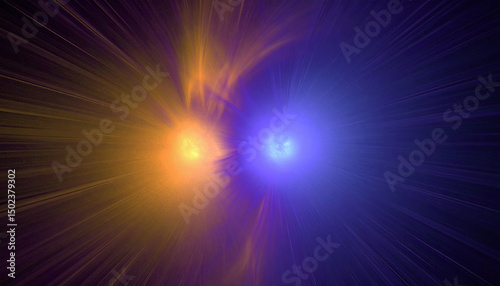 Two glowing orbs in orange and blue radiate light with dynamic streaks, creating abstract cosmic energy effect with vibrant color contrast and motion blur photo