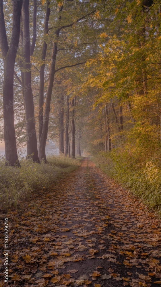 Fototapeta premium Misty Fall Landscape – Pathway of Leaves and Light