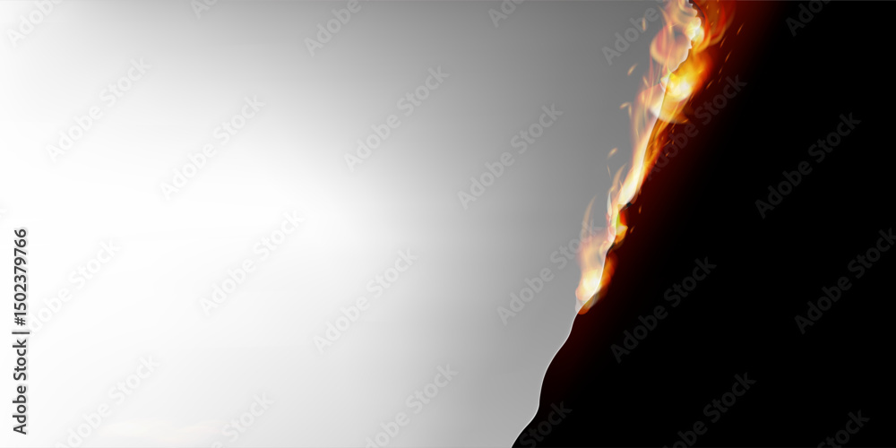 Fire flames and sparks burning white papper on a black background. Tongues of flames, realistic fire flame burning elements, ignition effect