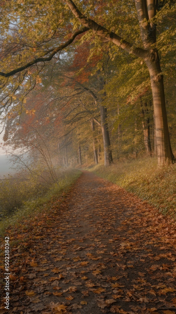 Obraz premium Peaceful Leaf-Covered Path Through Fall Woods
