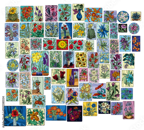 A vibrant collage of diverse floral stained glass patterns and illustrations in various styles, perfect for vintage or decorative designs