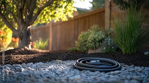 Rolled-up garden hose near shut-off outdoor water valve photo