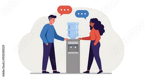 Flat Style Illustration of Two Colleague Talking near Water Cooler Machine