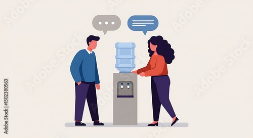 Flat Illustration Colleagues Chatting at Water Cooler Modern Office Scene