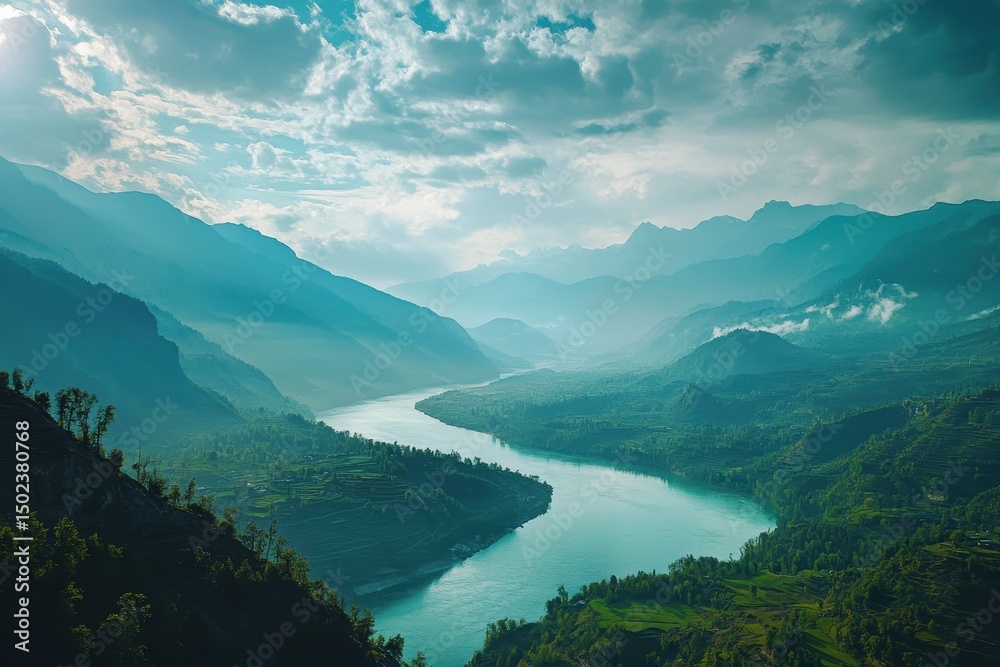 Obraz premium Majestic mountains and flowing river create a timeless landscape in tranquil nature setting, the beauty of mountains and rivers seamless time lapse virtual Photo Background