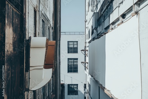 Narrow urban alleyway with contrasting architectural elements and clear sky