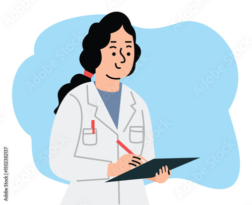 Friendly woman doctor holding clipboard. Woman doctors cartoon