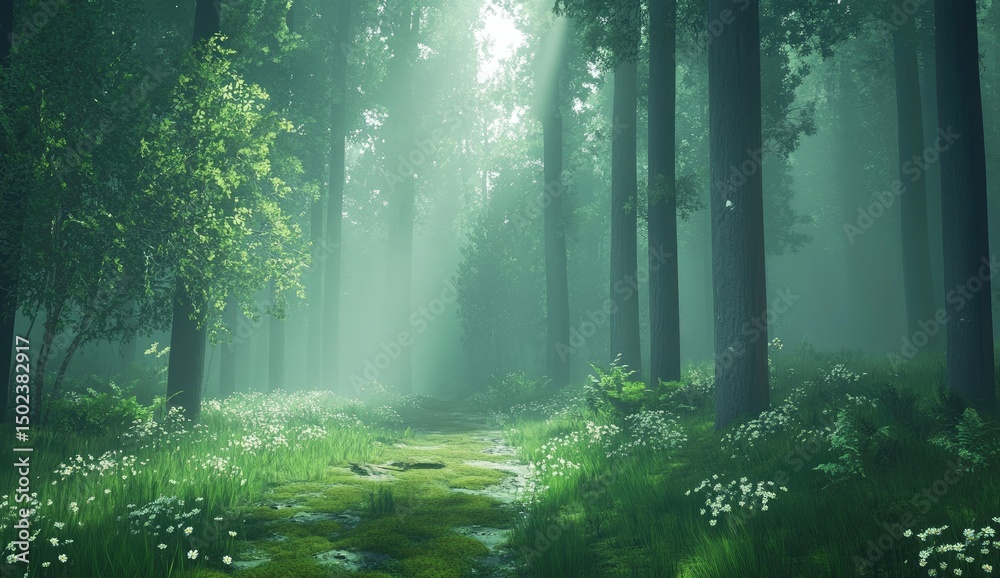 Fototapeta premium Lush forest path bathed in soft sunlight