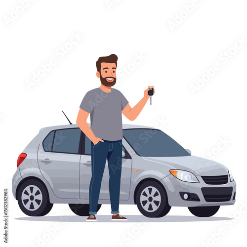 Man Holding Car Keys Standing Next to Silver Hatchback