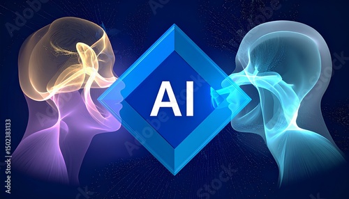 Digital Soulscape: Abstract Profiles and a Luminous Core Symbolizing Consciousness and Machine Unity