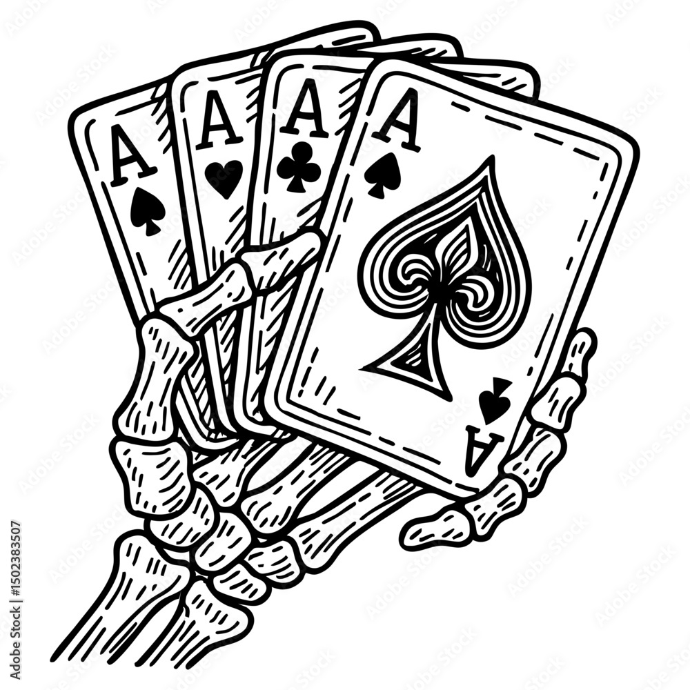 Fototapeta premium Skeleton Hand Poker Doodle Art