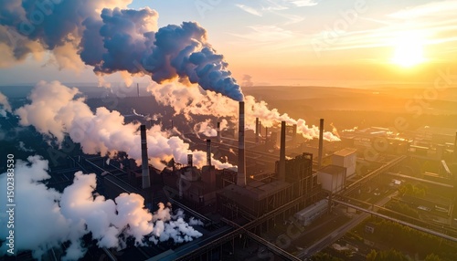 Aerial View of Industrial Factory Emitting Smoke at Sunset