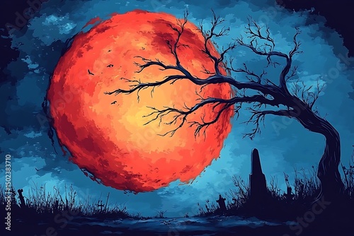 Spooky full blood moon over a cemetery