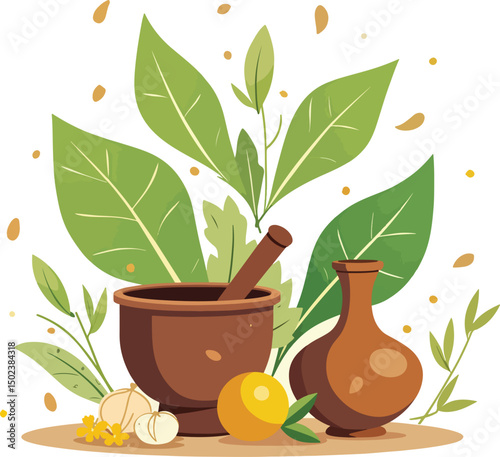 Ayurvedic Treatment with Herbal Leaves and Oil Pot