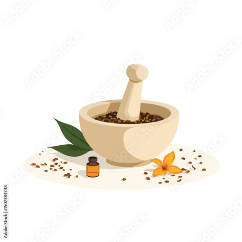 Mortar and Pestle with Essential Oils and Herbs