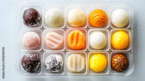 Assortment of colorful Thai sweets in plastic tray, showcasing variety of textures and flavors
