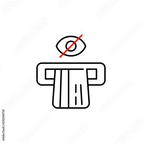 Vector icon of a credit card inserted in an ATM with a crossed-out eye, symbolizing hidden transaction, private banking, or disabled ATM visibility. Ideal for finance apps, banking interfaces, and pri