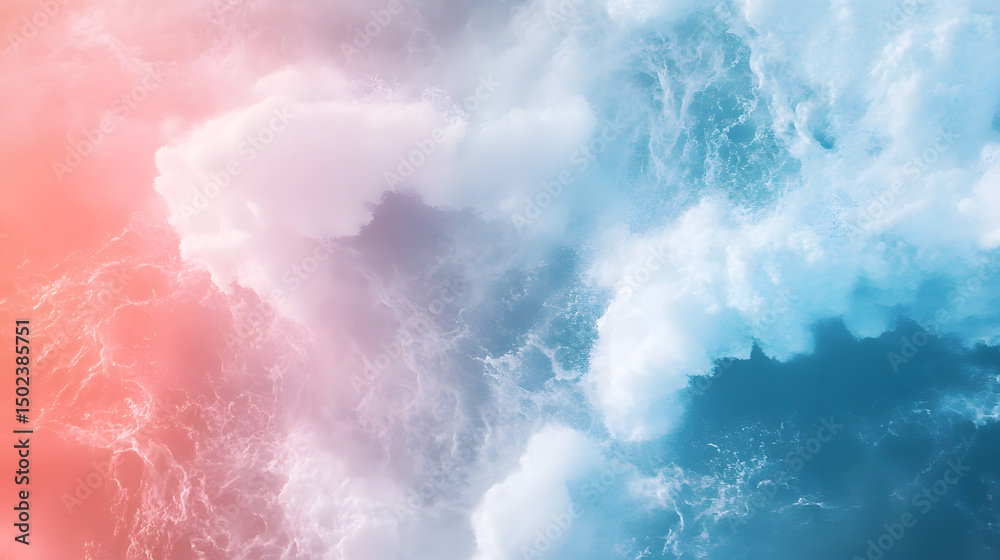 Fototapeta premium Aerial view of vibrant spring colors in sky over ocean waves, blending pink and blue hues