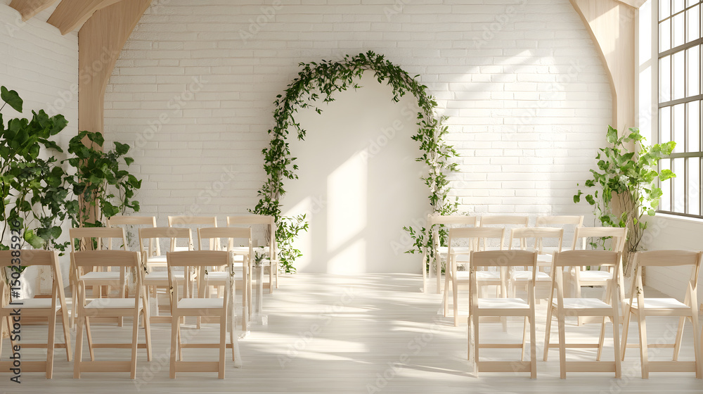 Fototapeta premium Bright wedding venue with empty wooden chairs and floral arch creates serene atmosphere