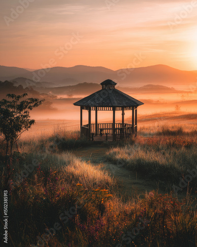 A bright sunrise scene with a wooden gazebo surrounded by natural beauty, evoking feelings of warmth and tranquility