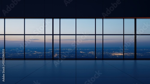 Empty modern room with large windows overlooking city at dusk