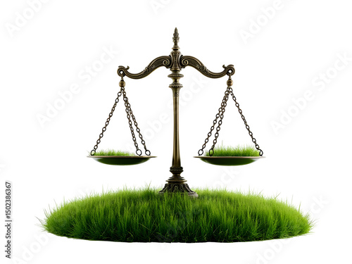 Brass Scales of Justice on Green Grass Field , PNG file isolated on transparent background

