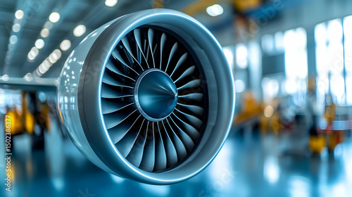 Close-up of a powerful airplane engine in a hangar, showcasing intricate detail and advanced technology.  The blurred background hints at the industrial setting.