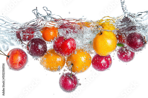Fresh colorful cherries and lemons splashing into water creating dynamic motion with vibrant fruit against white background for healthy eating and refreshing beverage themes photo