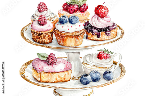 Assorted miniature fruit-themed cupcakes and desserts decorated with fresh berries and cream on a decorative golden tray for elegant sweet treats presentation