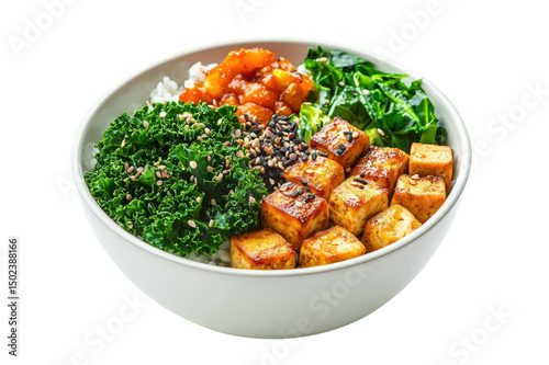 Fresh healthy vegetable bowl with crispy tofu sesame seeds greens broccoli carrots and leafy vegetables in white ceramic dish side view