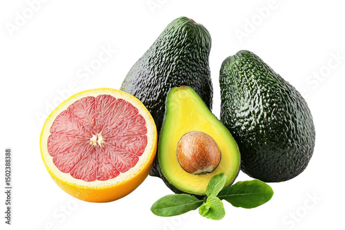 Fresh ripe grapefruits and avocados with green leaves on a white background healthy fruit ingredients for juice or snack photo