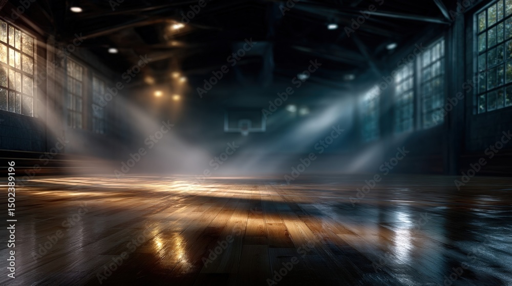 Empty Indoor Basketball Court with Dramatic Lighting and Shadows. Generative AI Empty Indoor Basketball Court with Dramatic Lighting and Shadows. Generative AI