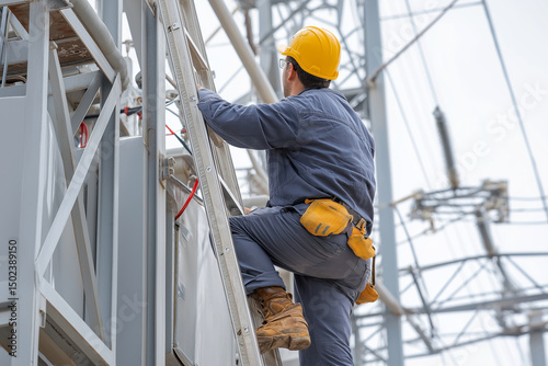  technician worker climbing ladder for inspect or maintenance machine in high voltage electric transformer sub station
