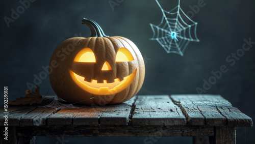 A glowing carved pumpkin smiling on a rustic wooden table with a spiderweb in the background.