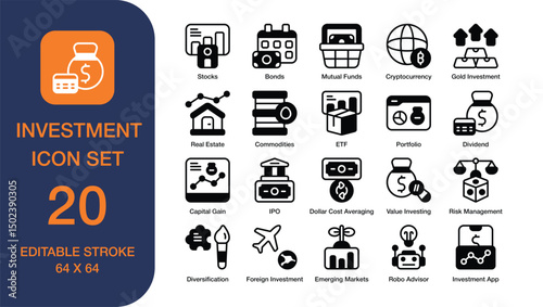 Investment set of web icons in dual tone style. Containing gold investment, IPO, Real Estate, portfolio, dividend, capital gain, risk management, and more. high quality