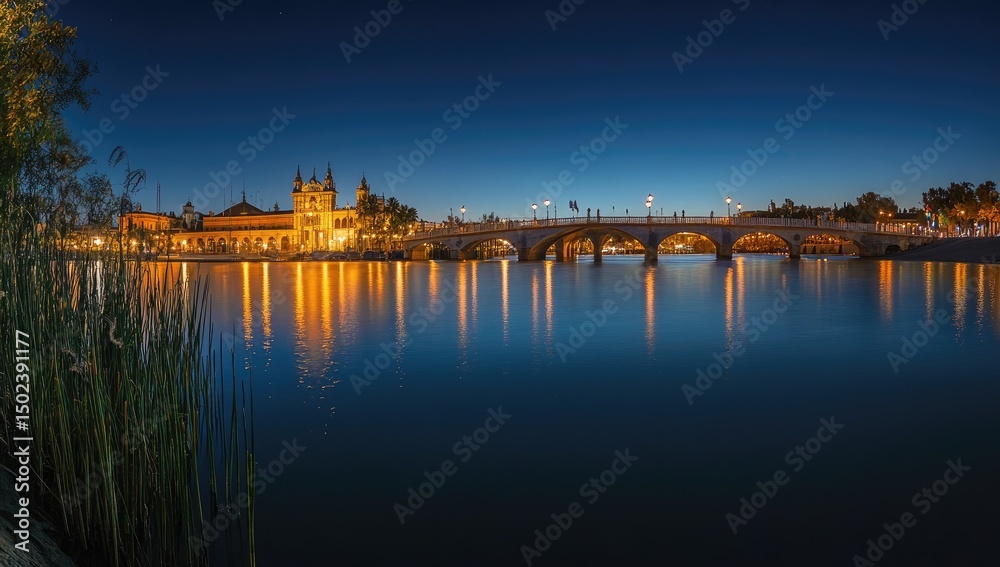 Fototapeta premium Nighttime view of a bridge over a calm river, illuminated buildings reflecting in the water