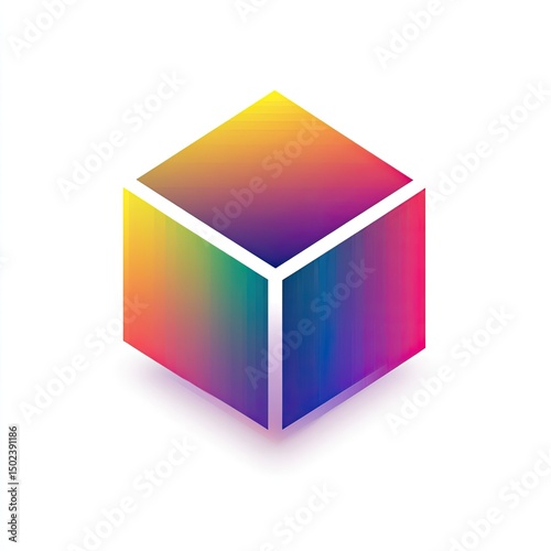 A vibrant, three-dimensional cube with a gradient of colors.  The cube has a white outline and a colorful ombre effect