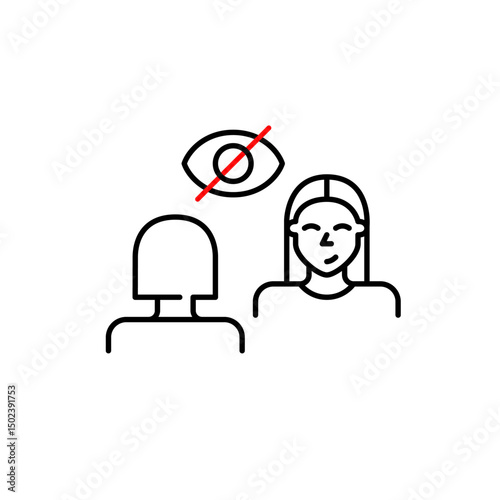 Vector icon of two women in conversation with crossed-out eye, symbolizing private discussion, confidential communication, or hidden dialogue. Ideal for messaging apps, privacy settings, and social pl
